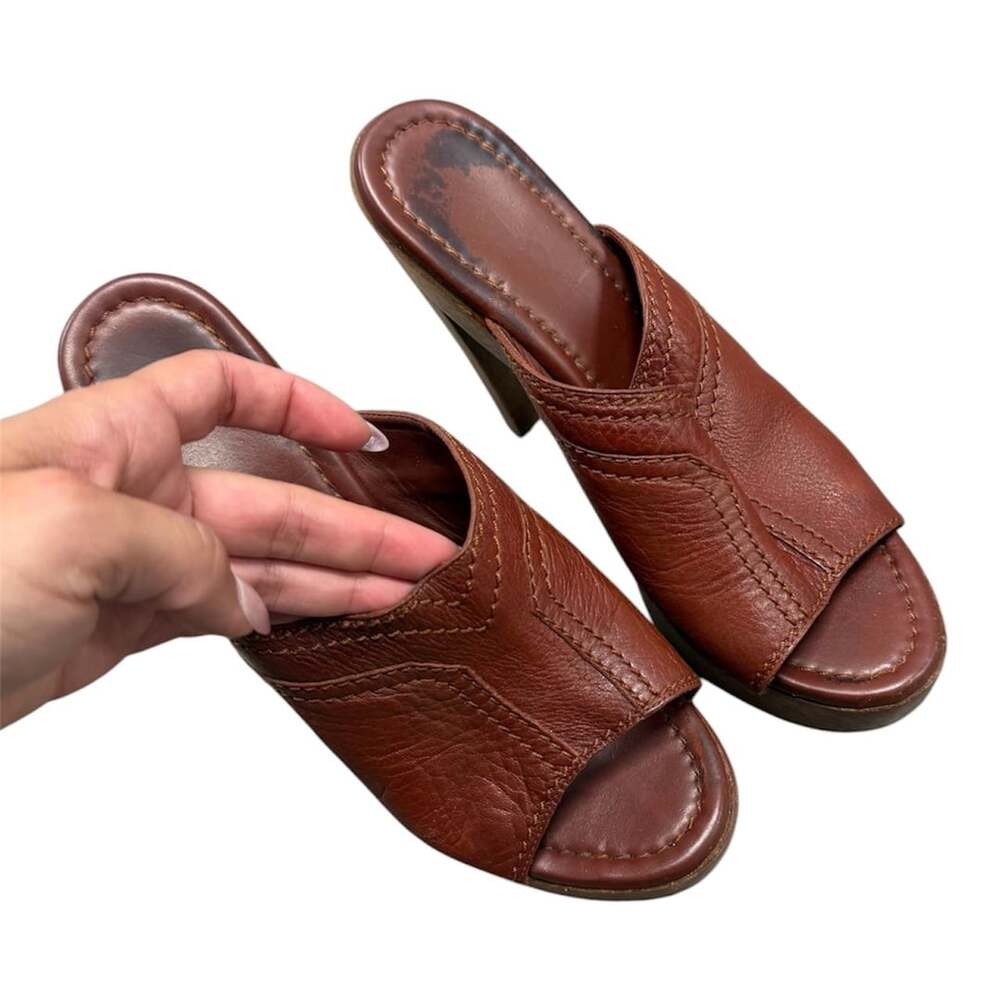 Yves Saint Laurent YSL Brown Leather Wooden Wedge Heel Mules Sandals EU 36.5